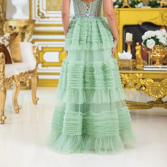 New Maxi Ruffled Sage Semi Ball Gown w/ Floral Bodice & Lace Up Back DQ 4476 - Picture 8 of 8